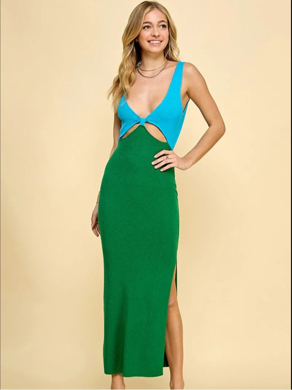 Turquoise and Green Cutout Maxi Dress with Side Slit
